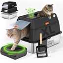 XL Stainless Steel Cat Litter Box with Enclosure and Pooper Scooper - Durable Black Metal Litter Box for Big Cats, High Sides for Anti-Leakage, Never Absorbs Odors, Non-Sticky - (60x40cm) (Black)