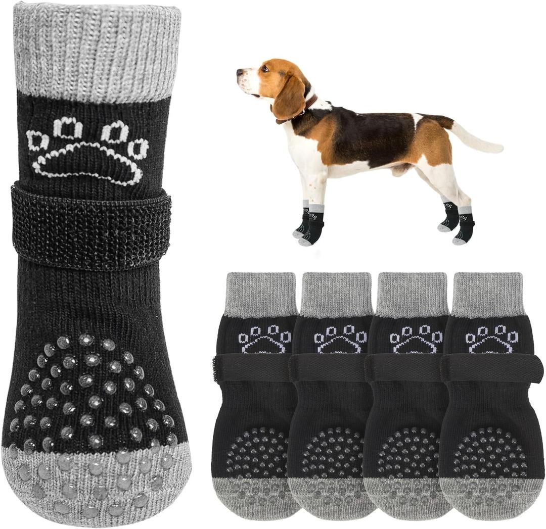 SCENEREAL Dog Socks to Prevent Licking Paws for Hot/Cold Pavement Anti Slip, Dog Shoes for Hardwood Floors, Dog Boots & Paw Protectors with Grippers for Small Medium Large Senior Dogs, Black S (Black Pearl Paw(Pack of 4))