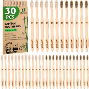Navona 30 PCS Bamboo Toothbrushes Pack, BPA Free Medium Soft Bristles Toothbrushes for Adults, Eco-Friendly Natural Wooden Toothbrush Bulk, Box of Two Reusable Travel Toothbrush