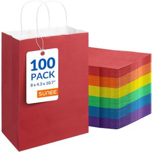 SUNEE Gift Bags with Handles 8x4.3x10.7, 100 Pcs Paper Gift Bags Medium Size Bulk, Bright Color for Wedding, Birthday, Party Supplies and Celebrations