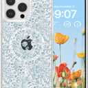 RALEAVO for iPhone 16 Pro Max Case Compatible with MagSafe Clear Floral Pattern Design Cute for Girls Women Slim Magnetic Hard Back Shockproof Phone Case for iPhone 16 Pro Max,Blue Flowers