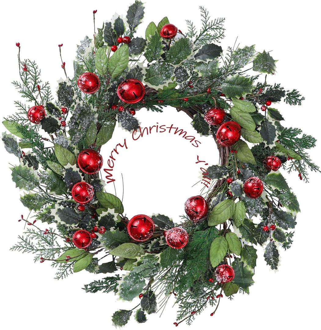 YNYLCHMX 20 Inch Winter Wreath for Front Door, Winter Wreaths with Pine Needles Holly Red Bells, Artificial Door Snowy Wreaths for Outdoor Indoor Reef Farmhouse Windows Wall Holiday Decoration (Red Balls&green Leaves)