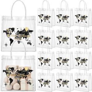 Shinylin 24 Pcs Black Graduation Plastic Gift Bags with Handles PVC Reusable Treat Bags Goody Candy Snack Treat Gift Tote Bag for Graduation Party Favor