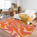 Retro Area Rug, Orange 70s Wavy Swirl Pattern, Machine Washable Modern Non-Slip Rug, Home Decor Floor Carpet for Classroom Laundry Bedroom Living Room, 5' x 7'