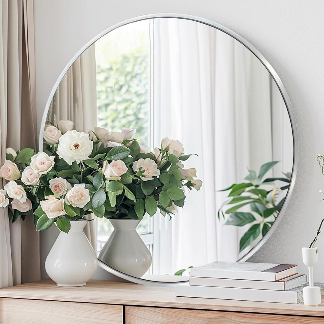 Round Mirror 30 inch Silver, Circle Mirror, Brushed Nickel, Chrome