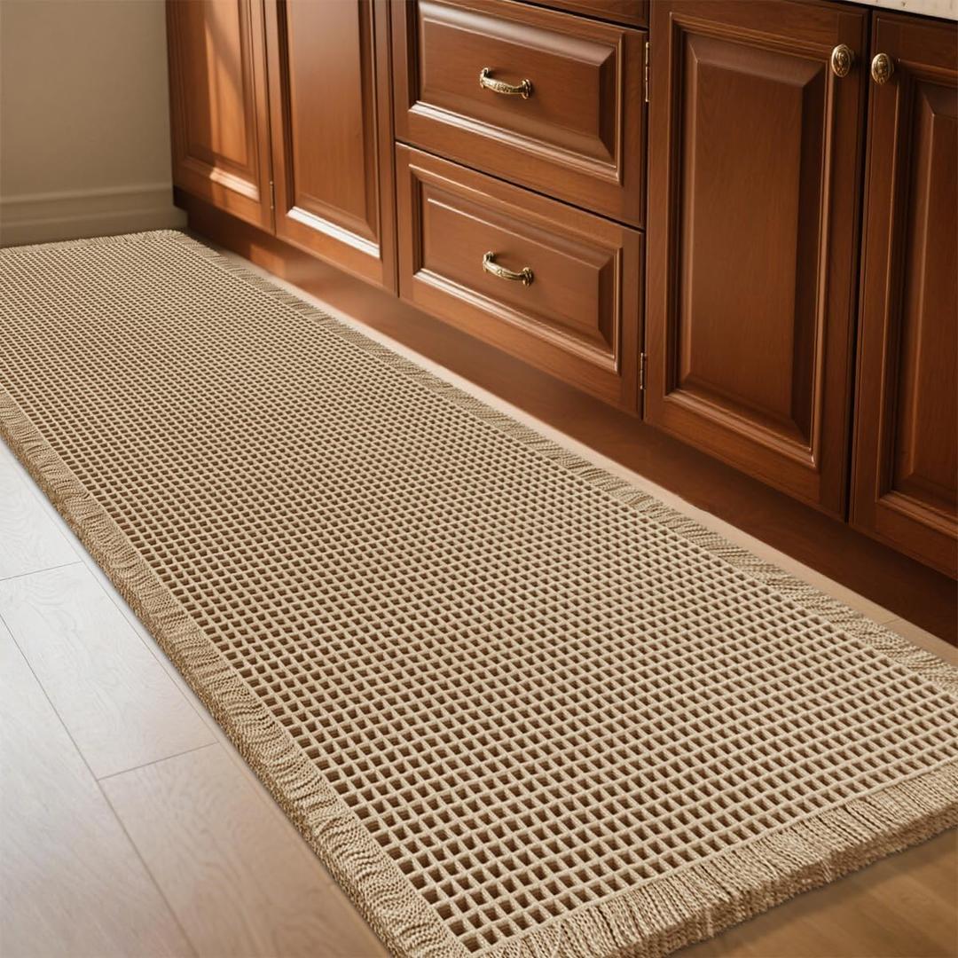 IM HOME Waffle Bath Mat Beige 5'x2', Boho Woven Modern Bath Mat Rugs, Absorbent Non Slip Bathroom Rugs, Soft Washable Bath Rugs with Tassels for Bathroom, Bedroom, Kitchen, Shower, Tub