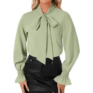 LYANER Women's Bow Tie Neck Blouse Ruffle Long Sleeve Business Dressy Office Shirt Top (Green, M)