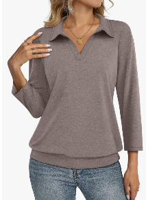 Womens Polo Shirts 3/4 Sleeve Banded Bottom Tops Business Casual Tops Collared V Neck Blouses XL