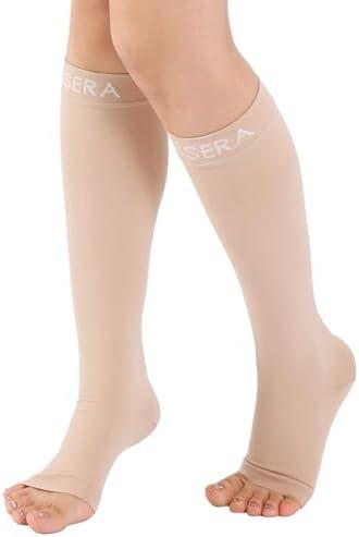 Open Toe Compression Socks for Women Men - 20-30 mmHg Toeless Knee High Compression Stockings for Circulation Support Varicose Vein Shin Splints Swelling, Beige Large