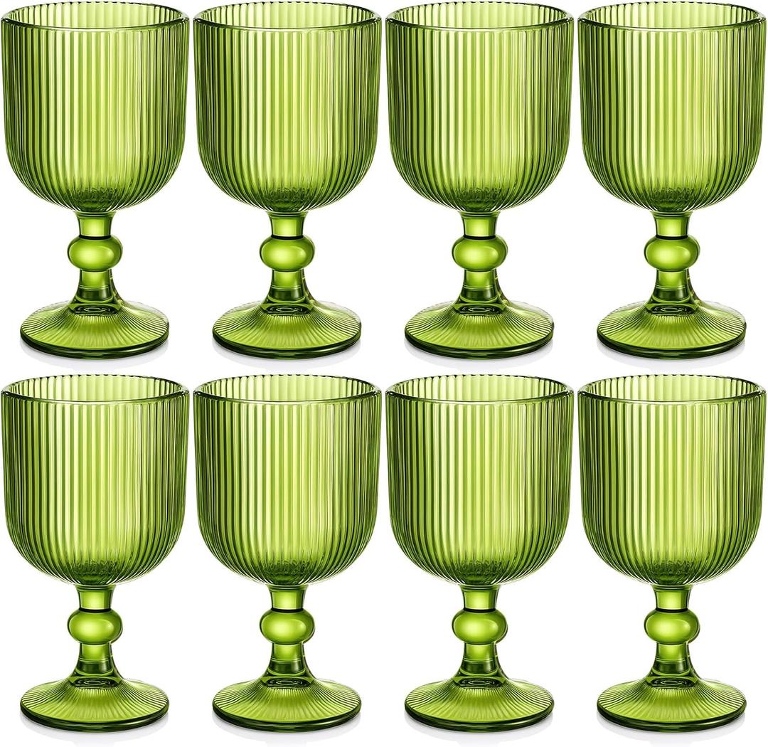 Green Glass Goblets Set of 8, 13 oz Vintage Goblet Glassware Decorative Wine Glasses, Cute Water Drinking Cups, Vertical Line Embossed Pattern Drinkware Cocktail Set for Xmas Gifts