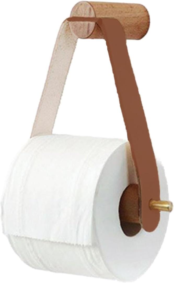 Wood & Leather Wall Toilet Paper Holder, Rustic Tissue Rolls Paper Holder Wall Mounted, Graceful and Natural Bathroom Accessories with Self-Adhesive Seamless Screw (Brown)