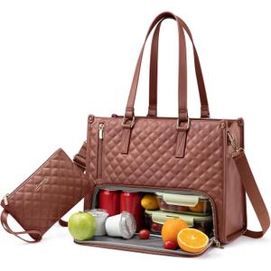 LOVEVOOK Lunch Tote Bag for Women, 15.6 Inch Laptop Bag with Insulated Lunch Compartment, Quilted Large Capacity Computer Handbag with Purse for Business, Work, Nurse, Collage, Office, Casual, Brown
