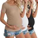 3 Pack Womens Maternity Shirts Summer Short Sleeve Ribbed Pregnancy Clothes Trimesters or Postpartum Cotton Tees (Small)