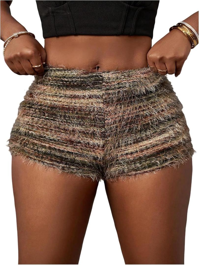 SHENHE Women's Fuzzy Striped Sweater Micro Shorts High Elastic Waist Casual Booty Hot Pants (Medium, Brown)