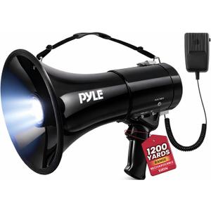 Pyle Portable Compact PA Megaphone Speaker with Alarm Siren & Adjustable Volume - 50W Handheld Lightweight Bullhorn - with Mic, AUX IN for MP3, 1200 Yards Range, Rechargeable Battery