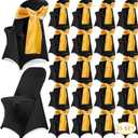 Lounsweer 50 Pcs Folding Chair Cover Set with 25 Stretch Spandex Slipcovers 25 Satin Chair Sashes Bows Ribbon Washable Banquet Protector for Wedding Event Party(Black, Gold)