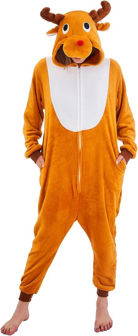 NEWCOSPLAY Unisex Adult Onesie Pajamas Animal One Piece Costume Cosplay Sleepwear (Large, Brown Reindeer)