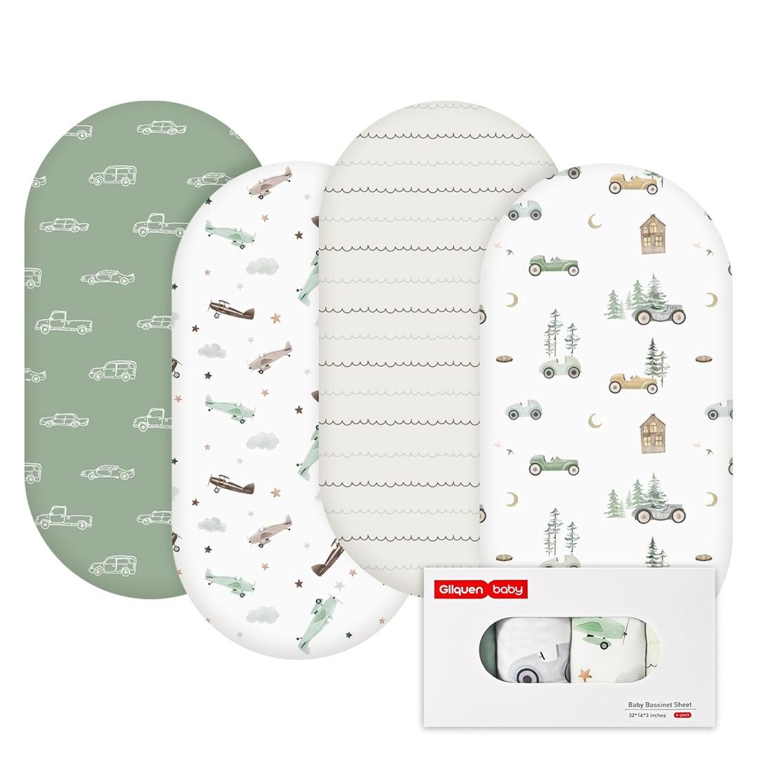 Gllquen Baby Bassinet Sheets 4 Pack, Breathable Cozy Fitted Mattress Sheet, Elastic Travel Crib Fashionable Floral Pattern, Standard Cradle Safe Sheets for Baby Boy Girls 32"X16" (Car)