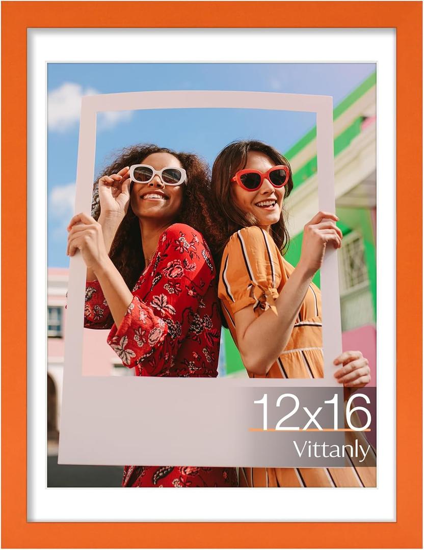 Vittanly 12x16 Picture Frame, Display Pictures 11x14 with Mat or 12x16 without Mat, Engineered Wood with Shatter Resistant Plexiglass, Poster Frame for Wall Display, Orange, 1 Pack