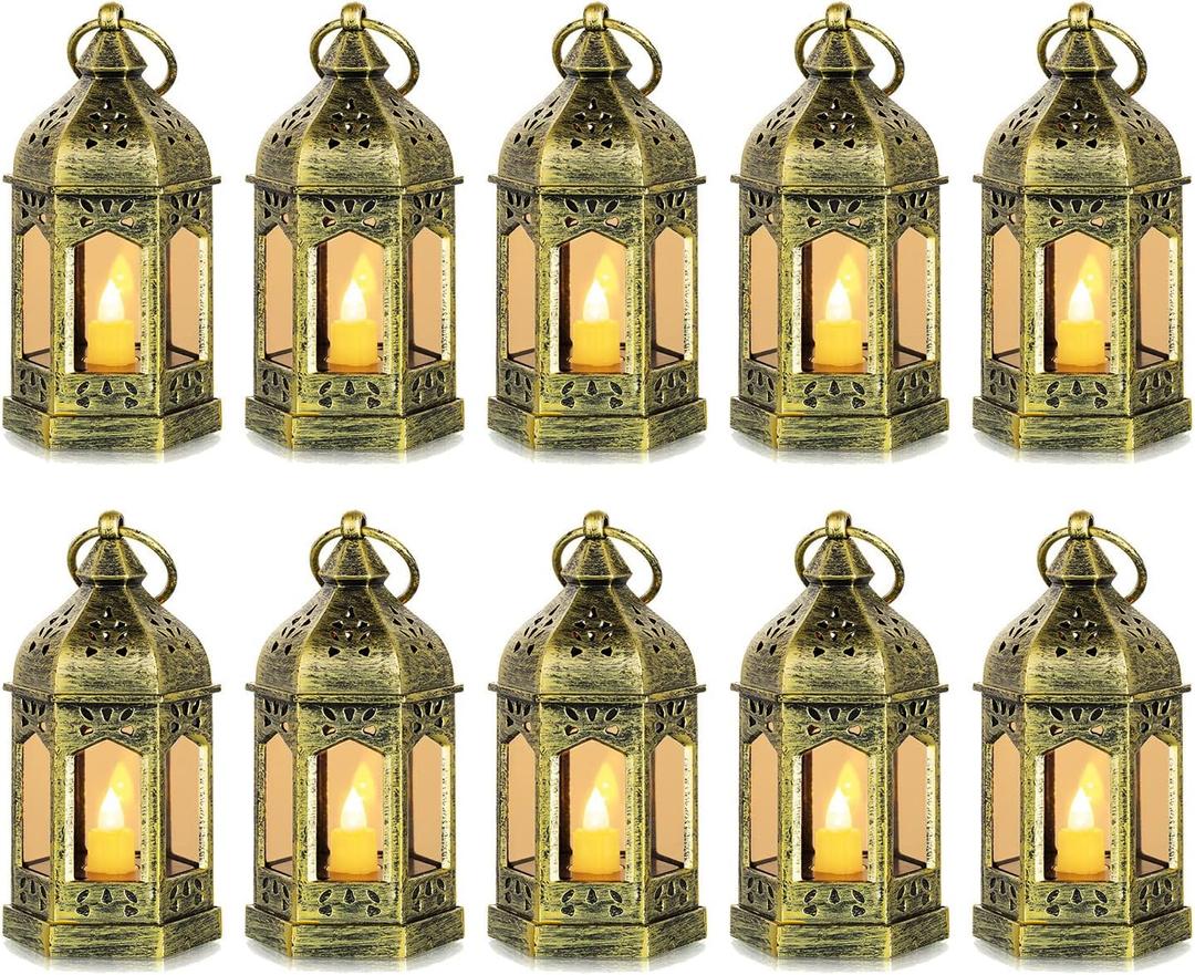 Mini Lanterns Decorative for Wedding Centerpiece - 10 Pcs Romadedi Hanging Small Gold Lantern Bulk with Flickering LED Candles for Halloween Decorations, Christmas Table Decor, Batteries Included