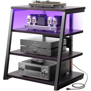 Armocity 4-Tier AV Media Stand with Power Strips, Corner TV Stand with LED Lights, Rack Audio Tower with Adjustable Shelves, Corner Entertainment Center, 30'', Black Ebony
