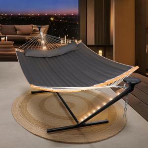 SUNCREAT Double Backyard Hammock with Solar Powered Lights for Outside, 475 lbs Capacity, Heavy Duty Self Standing Hammock with 12 ft Stand, Dark Grey