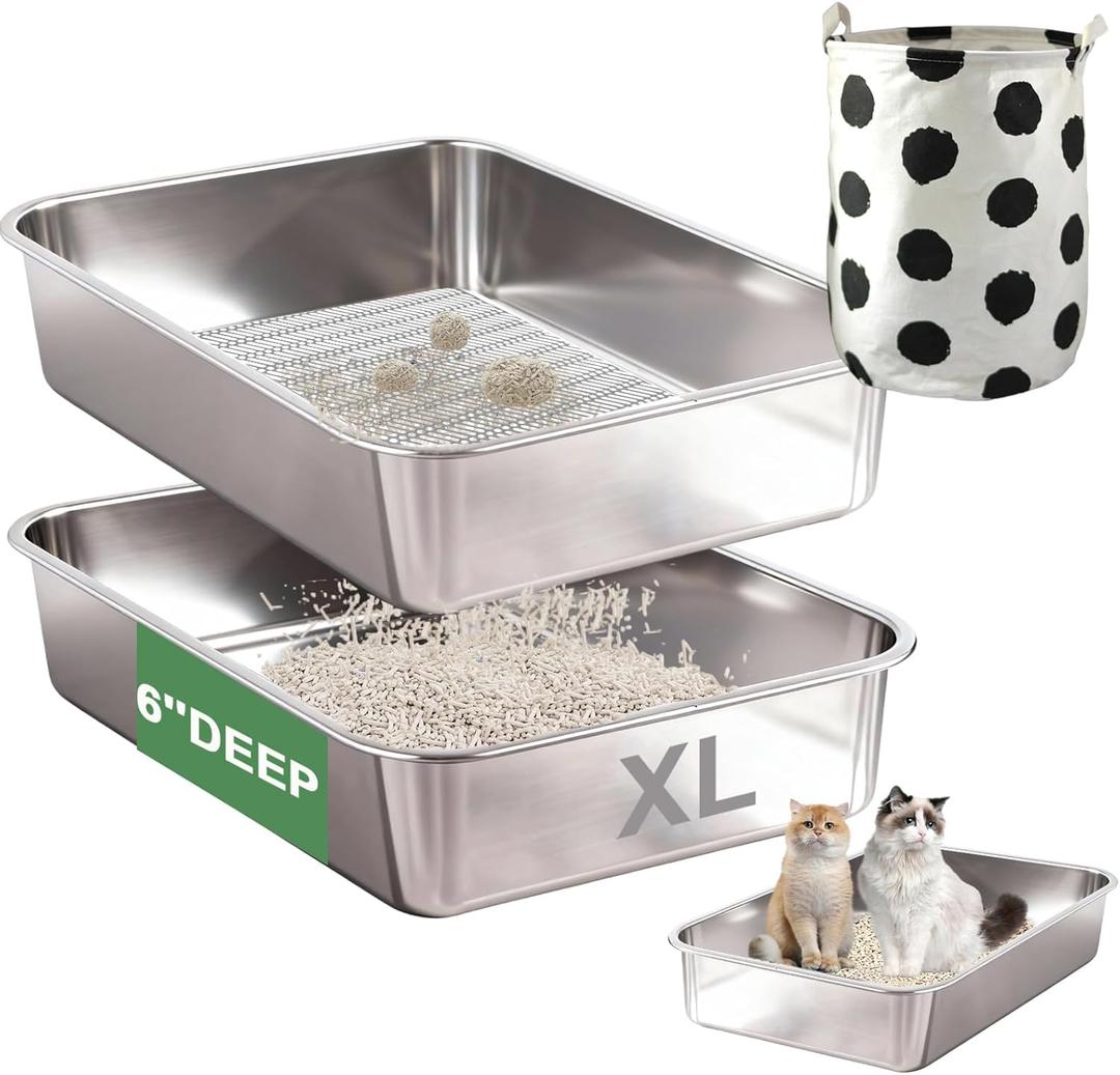 Stainless Steel Sifting Litter Box for Clumping Clay Litter, Extra Large Metal Sifting Litter Pan with Litter Storage Bag, Easy Cleaning-20 ''Lx 13.8''W x 6''H