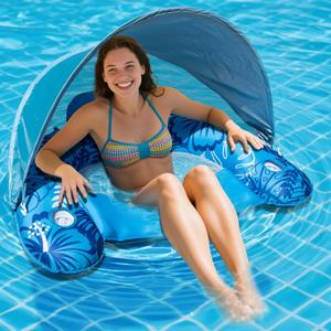 Inflatable Fabric Covered Pool Float Adult with UPF50+ Sunshade Canopy & Cup Holders,Large Water Lounger Float Recliner Chair for Pool Party Lake Beach-Blue