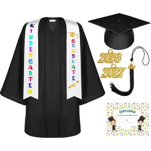 Lasnten Matte Kindergarten Graduation Gown Cap Tassel Set with 2026/2027 Charm Stole Accessories for Kids Grad Gift (Black, S)