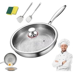 WRSFXV Titanium Pan with Lid, 100% Pure Titanium Hammered Pans Pro for Cooking, Non Stick Titaniums Frying Pans Ultra-Durable & Scratch-Resistant, Perfect for Every Cooktop (With Lid,10.24 in)