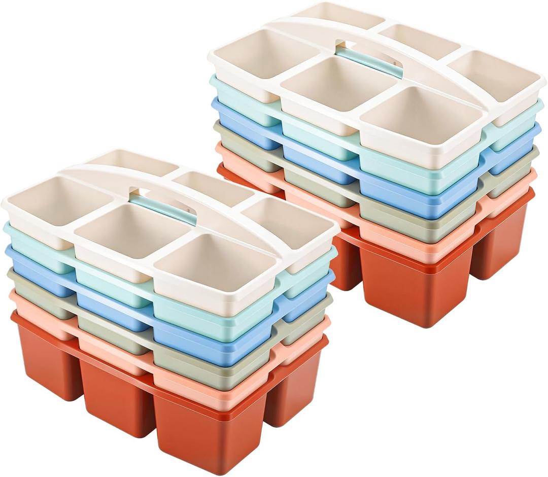 Lineshading 6 Equal Compartment Classroom Caddy, 12 Pack Small Caddy Organizer with Handle Rainbow Colors Plastic Classroom Table Caddies School Supply Organizer for Easy Storage (Boho Color)