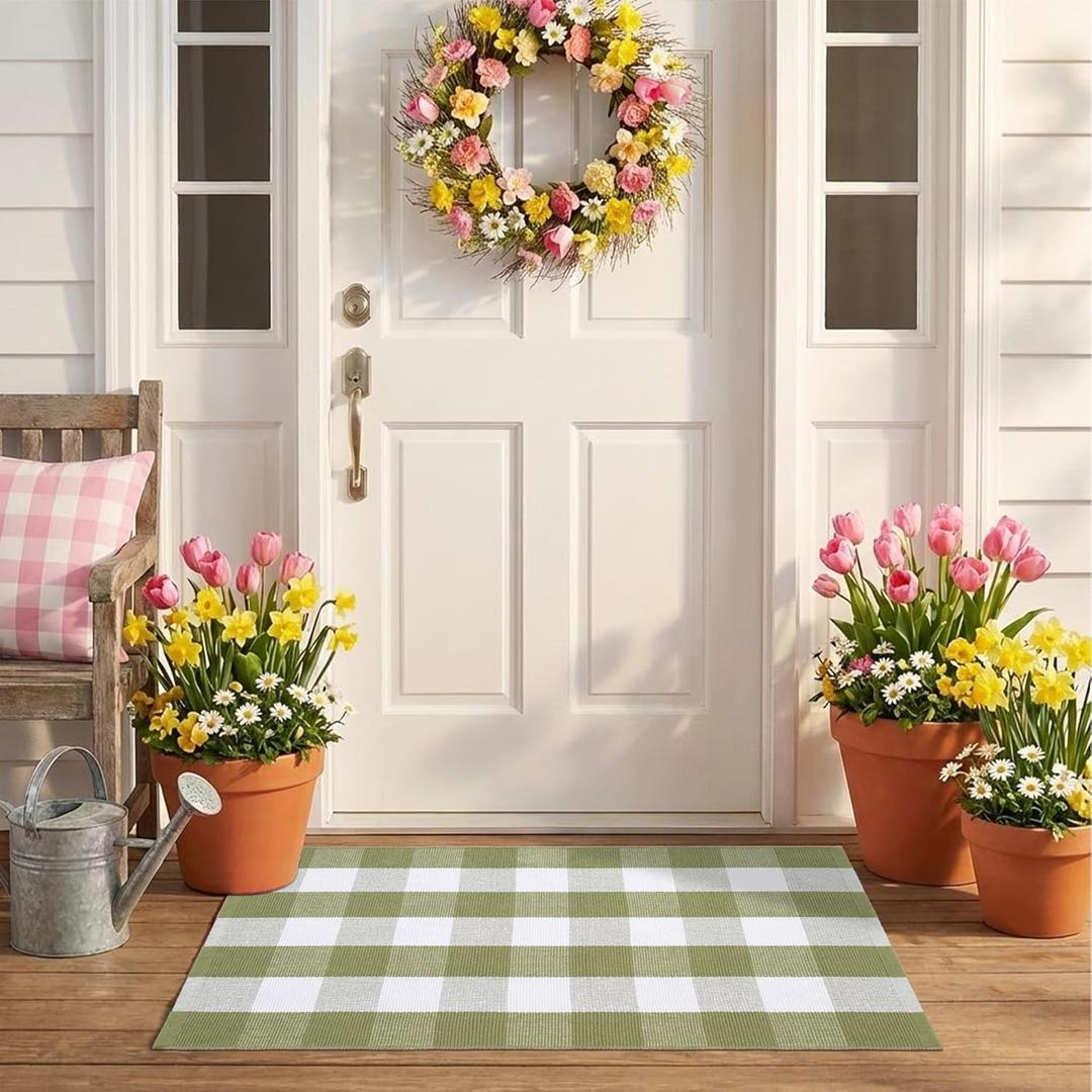Spring Green and White Plaid Rug, 2'4" x 3'7" Cotton Blend Layered Doormat Rug for Front Door, Hand-Woven Washable Entryway & Porch Decor