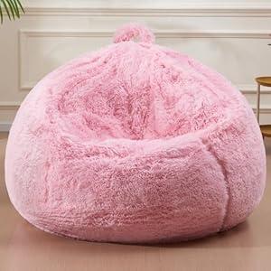 Fluffy Bean Bag for Stuffed Animals Storage, Faux Fur Washable Bean Bag Chair Cover(No Filler) for Textile Plush Toys, Beanbag Chair Cover for Adults Kids Teens, 5FT, Pink