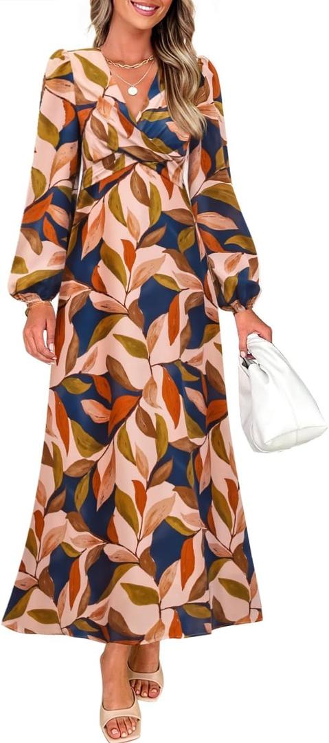 ZESICA Women's Floral Long Sleeve Midi Dresses 2026 Fall Boho V Neck Belted High Wasit Flowy Wedding Cocktail Party Dress (Brown, S)