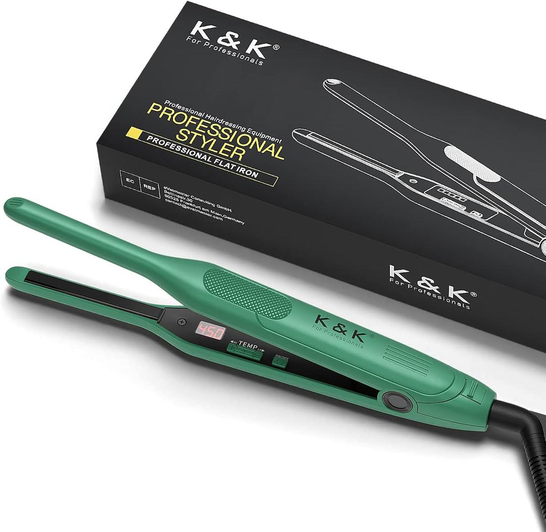 K&K 3/10 inch Plate Small Mini Ceramic Flat Iron Nano Tourmaline Flat Irons for Short Hair Pixie Cut Pencil Straightener for Women Dual Votage (Digital Display, Green)