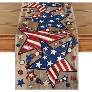 Artoid Mode Wood Stars Beads America Patriotic 4th of July Table Runner, Memorial Day Kitchen Dining Table Decoration for Home Party Decor 13x72 Inch