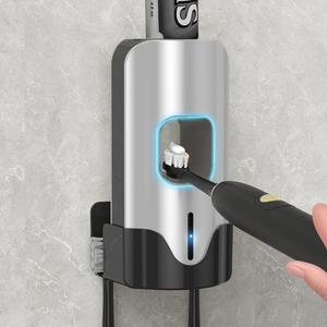 Automatic Toothpaste Dispenser Wall Mounted - Hands-Free Toothpaste Squeezer with 3 Speed Settings, 2 Toothbrush Holders & Strong Adhesive - Smart Bathroom Organizer for Kids and Adults (Silver)