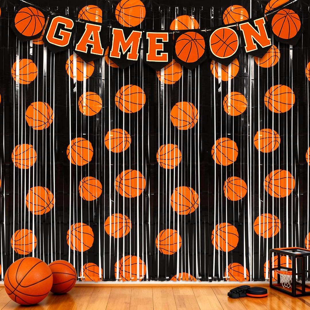 Tingjoo 2 Pack Basketball Party Decorations 3.3 x 6.6 ft Basketball Foil Fringe Curtains Black and Orange Photo Backdrop for Sports Party Birthday Race Day
