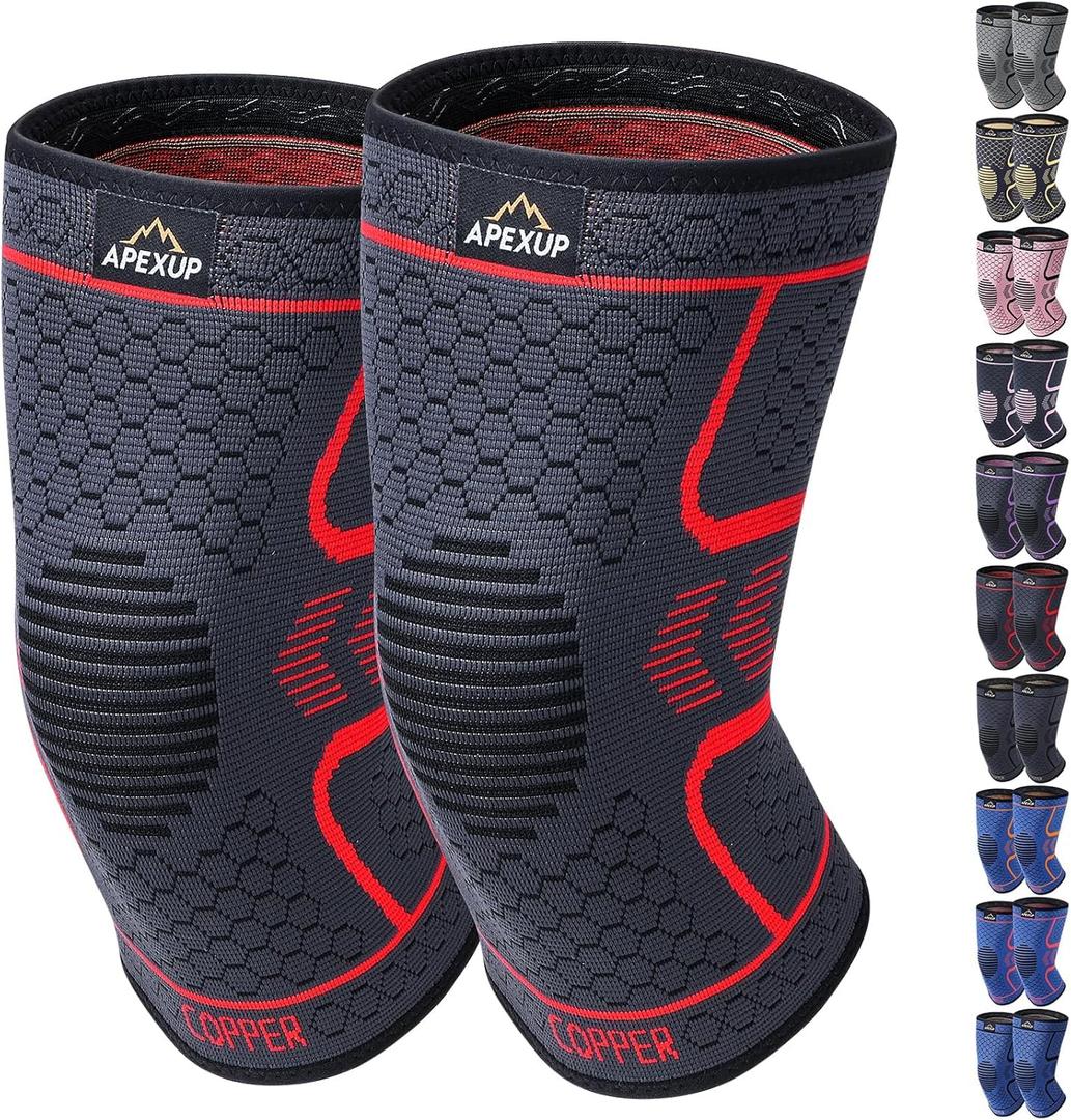 2 x APEXUP Compression Knee Brace for Women, Copper Compression Sleeve for Knee Support, Arthritis Pain Relief, Meniscus Tear, ACL, Running (Small, Dark Grey+Red)