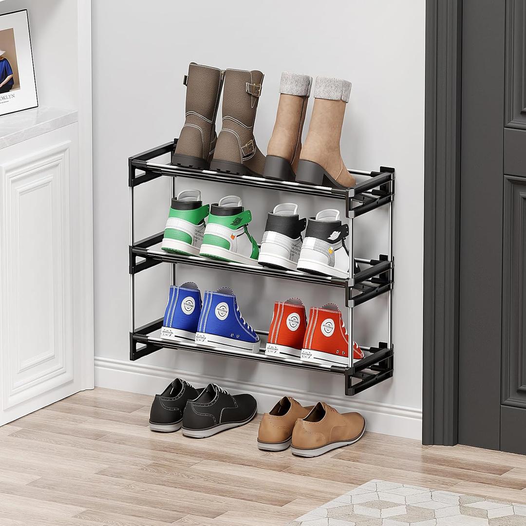 3 Tier Narrow Shoe Rack with Hook and Loop Sticky Adhesive Strips Shoe Shelf for Wall Mounted Slim Shoe Rack Space Saving Design Wall Shoe Organizer for RV (Black)
