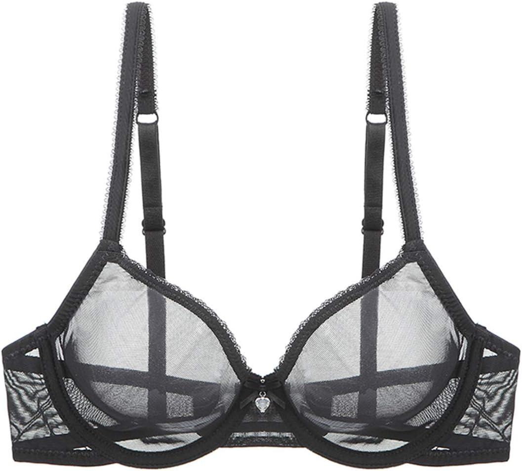 YANDW Sexy Sheer See Through Bras Unlined Underwire Lace Mesh Non Padded Ultra Thin Clear Bralette (36C, Black)
