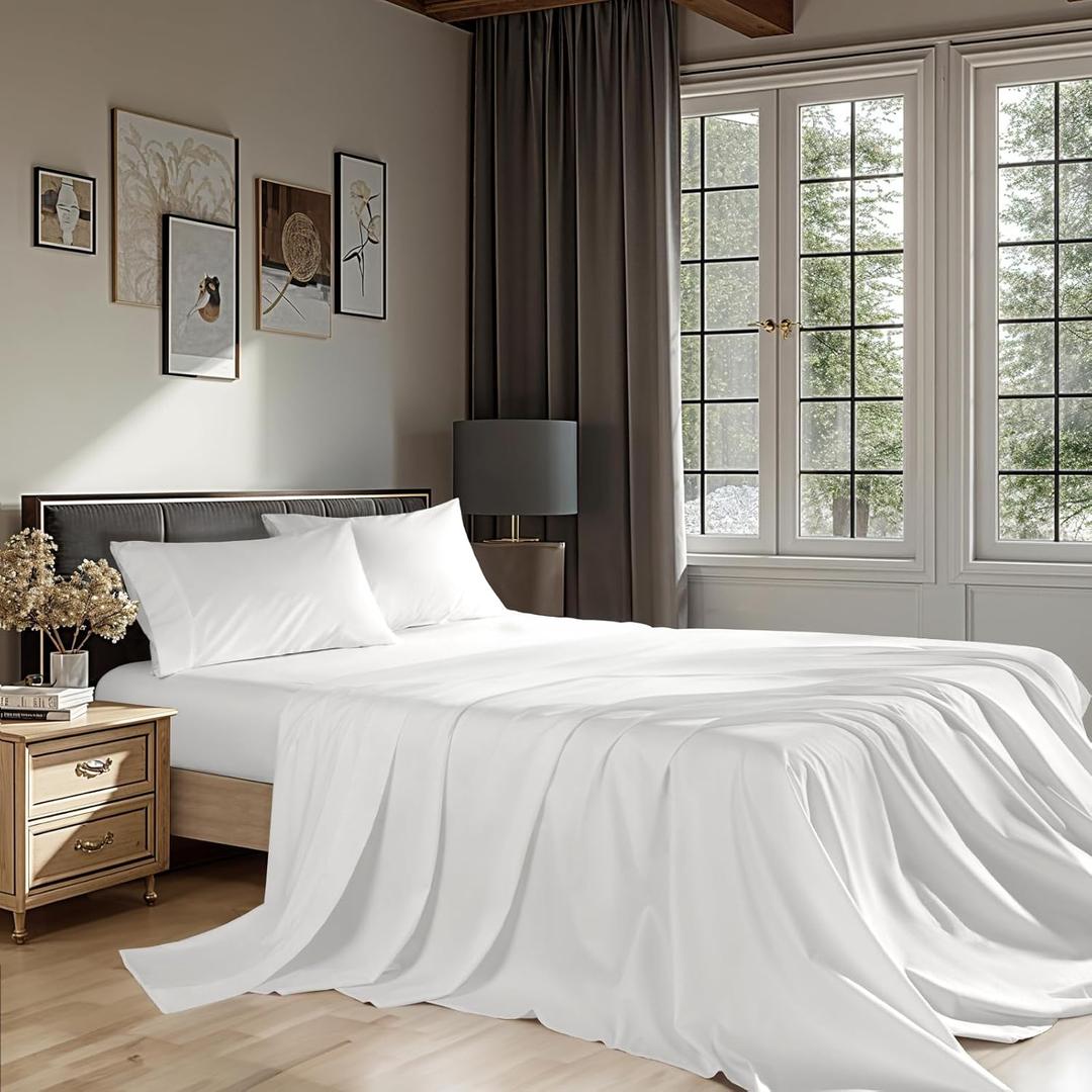 100% Egyptian Cotton Sheets King Size 4 Pcs Sheet Sets 1200 Thread Count 16" Deep Pocket Fitted Sheet Soft Breathable Bedding Set (King, White)