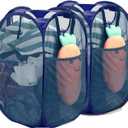 [Reinforced] Strong Mesh Pop-up Laundry Hamper,HOUSE AGAIN Quality Collapsible Laundry Basket with Durable Handles Solid Bottom High Carbon Steel Frame, Easy to Open and Fold Flat for Storage(Blue) (2-Pack)