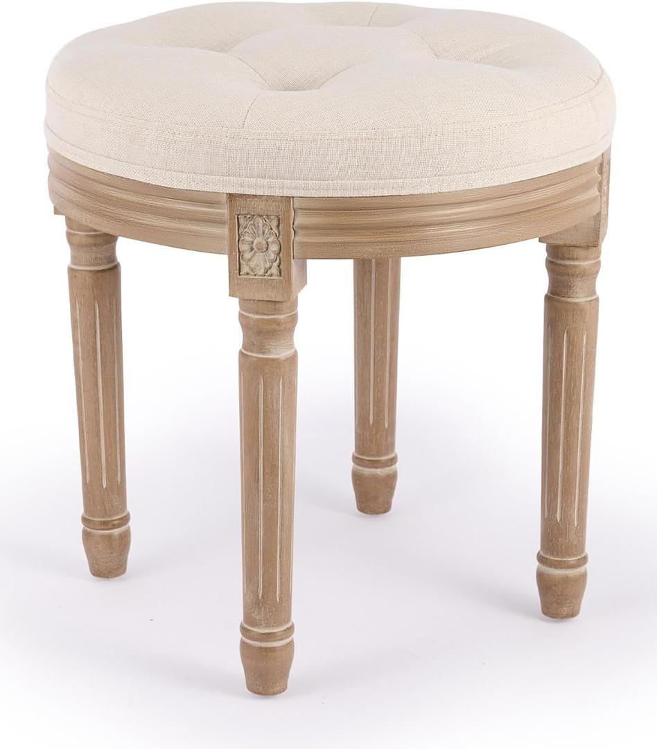 Vonluce Vintage Round Brushed Wood Stool with Diamond Tufting, 18-Inch, Beige