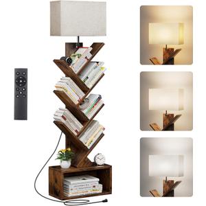 Evermagin 6 Tier Tree Bookshelf with Smart Light, Small Bookcase Tower with Remote Control, Tall Floor Standing Book Organizer for Living Room, Bedroom & Home Office, Rustic Brown
