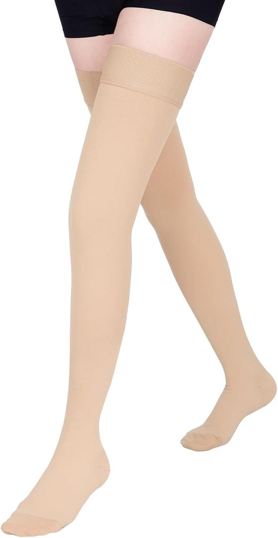 15-20 mmHg Compression Stockings for Women & Men, Thigh High Compression Socks Medical Graduated Compression Support for Edema, Varicose Veins (Small, Beige/Closed Toe)