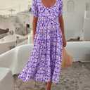 BTFBM Casual Women Summer Dresses 2024 Puff Sleeve Floral Maxi Dresses Smocked Backless Flowy Tiered Beach Long Dress (Purple, L)