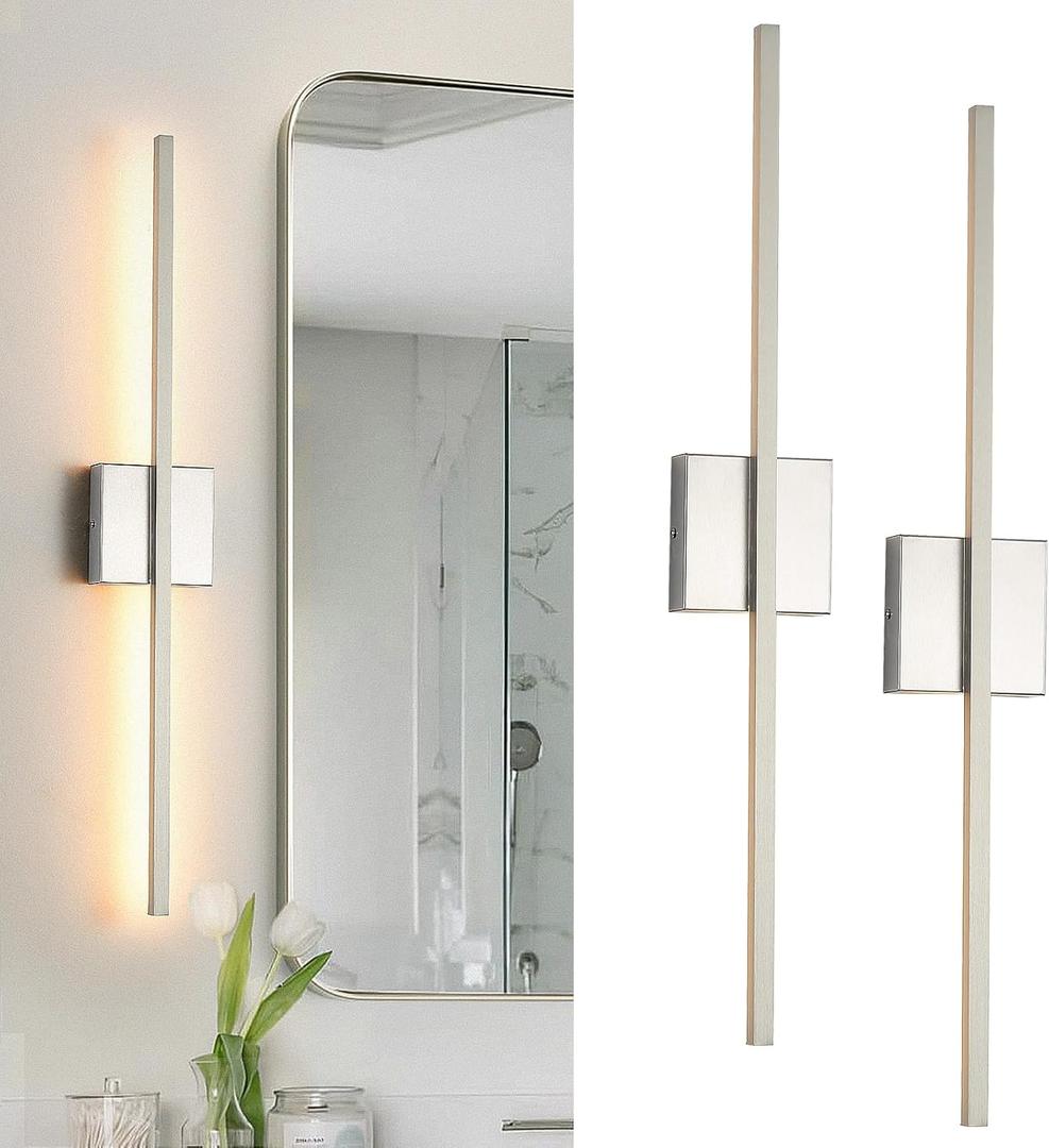 Wall Sconces Set of Two,LED Hardwired Dimmable Wall Sconce,Nickel Bedroom Sconces Set of 2 for Bathroom, Living Room, Bedroom, Hardwired 3000K 28 Inch (2 Pack)