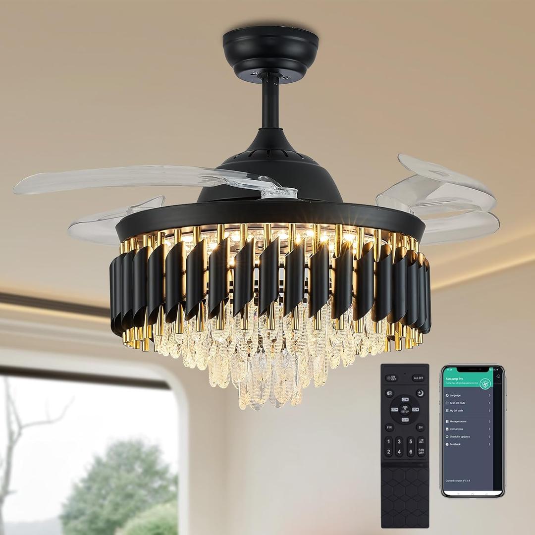 48" Dimmable Crystal Fandelier Ceiling Fans with Lights and Remote Modern Retractable Chandelier Ceiling Fan for Bedroom Dinning Room Living Room,Black