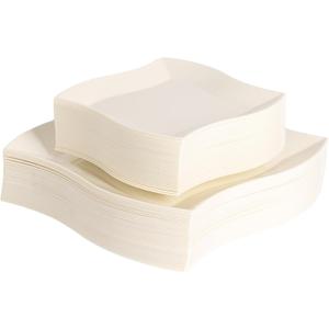 64 PCS Ivory Plastic Plates,Ivory Square Disposable Plates Heavy Duty,Include 32 Dinner and 32 Dessert Plates for Wedding&Thanksgiving